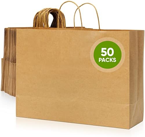 Tobvory Brown Paper Bags With Handles 50pcs 16x6x12 Inches Kraft Paper Bags Bulk, Large Recycled Paper Bags, Ideal As Shopping Bags, Gift Bags, Retail Bags For Small Business Retail Grocery