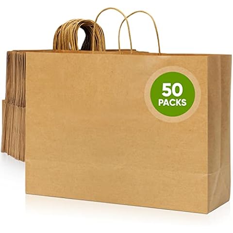 Tobvory Paper Bags With Handles, 50 Pcs Kraft Paper Bags 16x6x12 Inches Brown Bulk, Large Recycled Paper Bags, Shopping Bags, Gift Bags, Retail Bags For Small Business Grocery Cover