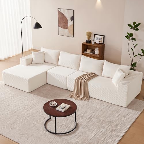 Image of Mangodan 140 inch Cloud Sectional Couch, Modular Sectional Sofa with Deep Seat, Boneless Sofa for Living Room, Fluffy Comfy L-Shaped Couch with Left Facing Chaise, No Assembly Required, Beige