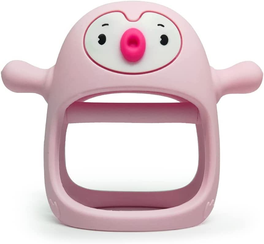 Smily Mia Penguin Buddy Never Drop Silicone Baby Teething Toy for 0-6month Infants, Baby Chew Toys for Sucking Needs, Hand Pacifier for Breast Feeding Babies, Car Seat Toy for New Born,Light Pink