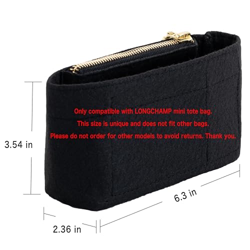 Image of Purse Organizer Insert & Leather Strap Conversion Kit Set, Compatible with Longchamp Le Pliage Mini Bag - Felt Inner Liner & Adjustable Shoulder Strap, Black