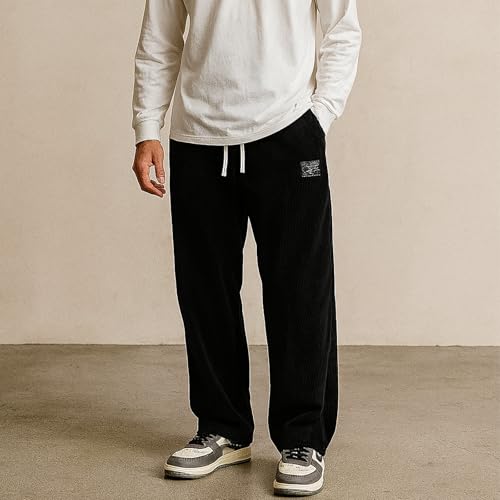 Pacificozy Men's Corduroy Pants, Fashion Daily Loose Embroidered Drawstring Loose Elastic Waist Pocket Trousers2