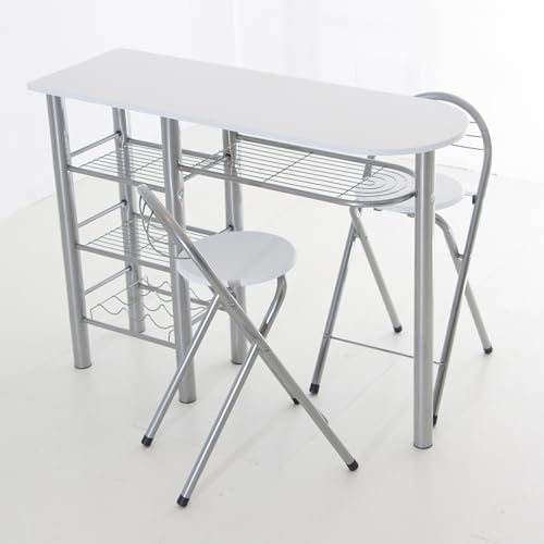 DUPI Conjunto Mesa de Cocina Bar con Estructura metálica y Tabla de Madera con 4 estantes + 2 Taburetes Plegables con Patas Plateadas (Blanco)