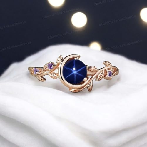 Vintage Blue Lindy Star Sapphire Engagement Ring 6 Rays Star Sapphire Ring Twig Branch Amethyst Leaf Ring Art Deco Moon Star Jewelry Yellow Gold Handmade Jewelry3