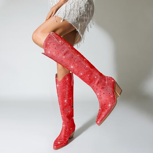 Image of Cowgirl Ankle Boots Cowboy Boots for Women Western Booties Rhinestone Chunky Heel Fashion Comfortable Side Zipper
