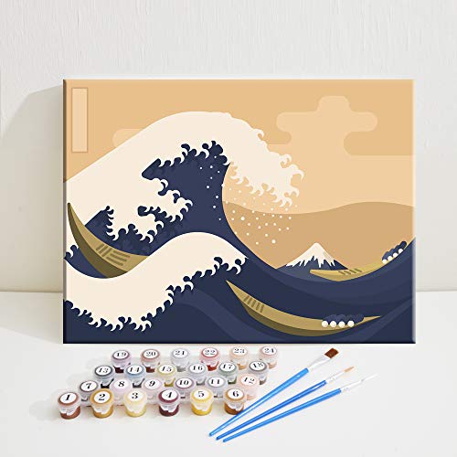 Product Image of the TEXTURE OF DREAMS The Great Wave Off Kanagawa Hokusai Oil Painting Framed Wall Art Canvas Print, Easy Level DIY Paint by Numbers Kit for Kids Adult Beginners (Great Wave Off Kanaquwa, 12' x 16')