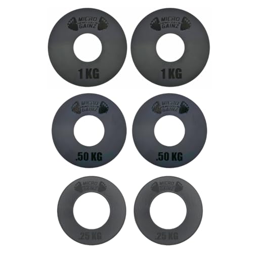 Micro Gainz Olympic Kilogram Fractional Weight Plate Set of 6 Steel Plates- (2-.25KG, 2-.50KG, 2-1KG) Plates -Designed for Olympic Barbells, Used for Strength Training and Micro Loading, Made in USA
