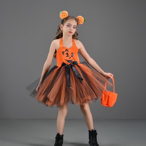 Orange Pumpkin Halloween Dress for Girls Halter Puffy Layered Tulle Tutu Toddler Kids Velvet Scary Party Sundress3