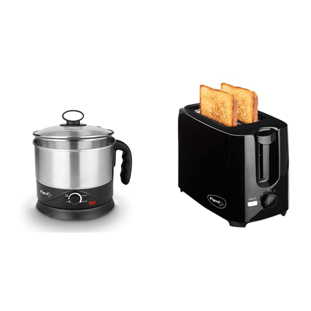 Pigeon Kessel Multipurpose Kettle 600 Watt, 1.2 L with Stainless Steel Body & 2 Slice Auto Pop up Toaster. A Smart Bread Toaster for Your Home (750 Watt)