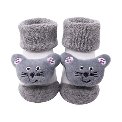 Zerototens Baby Socks,8.5cm Infant Newborn Cotton Boys Girls Animals Winter Thermal Anti-slip Cartoon Socks 0-2 Years Old (A-Gray) Cover