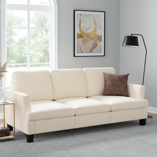 ATOMSPACE 3 Seater Couch, 84" Comfy Linen Fabric Sofa with Deep Seat for Living Room, Modern Beige Sofa Couches for Bedroom, Apartment and Office (No Pillow)