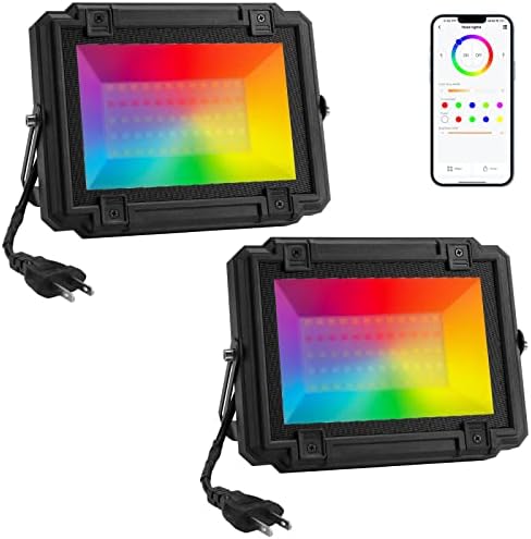 YELUFT LED RGB Flood Lights Outdoor, 500W Equivalent Floodlights with App Control Bluetooth Color Changing Landscape Lights RGBCW IP68 Waterproof Uplights for Garden Wedding Patio Party (2 Pack)