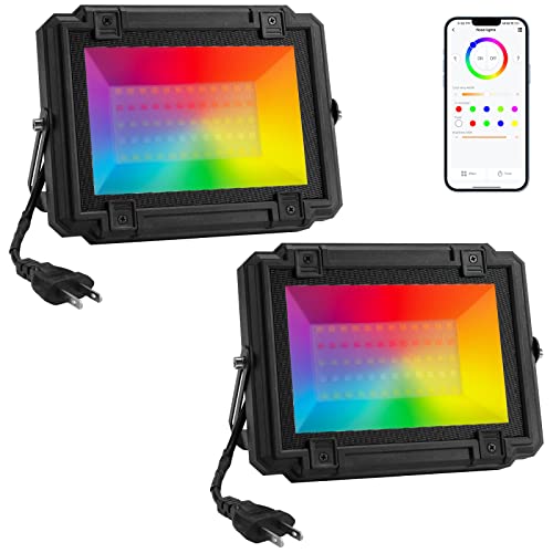 Yeluft Led Rgb Flood Lights Outdoor, 500W Equivalent Floodlights With App Control Bluetooth Color Changing Landscape Lights Rgbcw Ip68 Waterproof Uplights For Garden Wedding Patio Party (2 Pack) #TOP12