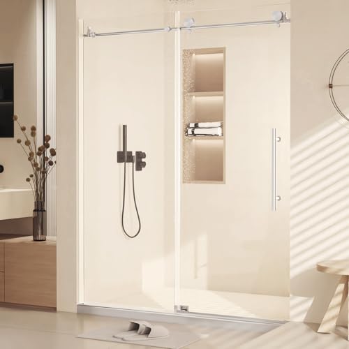 Image of Modern 60 inch w x 76 inch h (8Mm) Frameless Double Sliding Shower Door, Tempered Glass Shower Doors, Easy Installation for Walk-in Showers, Round Tube Nickel Brushed