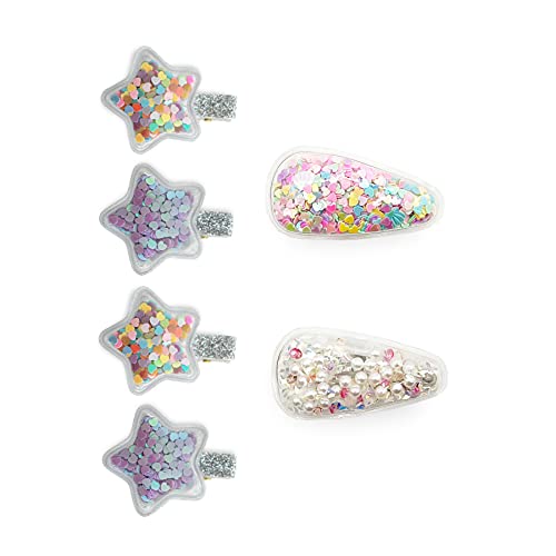 6Pcs Bebe Prince Baby Hair Clips Hair Pins Set, Clear Star Filled with Sequins, Triangle Filled with Sequins and Pearls