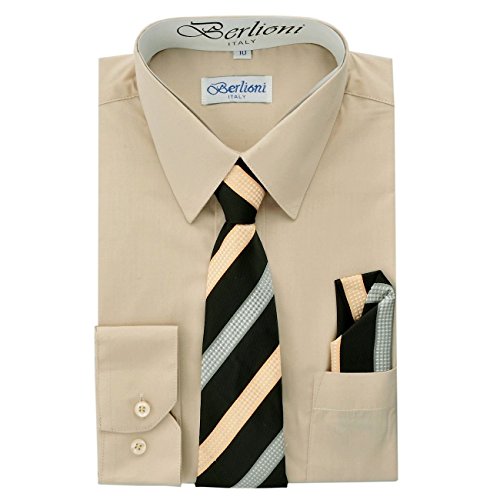 Italy Kids Boys Dress Shirt with Tie & Hanky Long Sleeves Khaki
