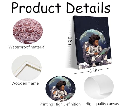 Image of Black Boy Reading The Moon Canvas Wall Art African Americans Painting Picture Wall Decor Inspirational Books For Black Boys Poster Print Artwork For Teen Living Room Study Home Decoration 12x16in