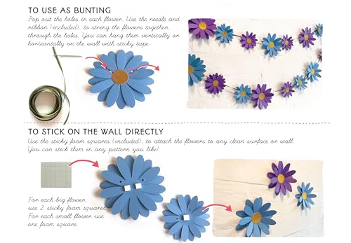 Image of Blue Daisy Flowers Paper Decoration. Included 18 Paper Flowers, Needle, 10 feet Satin Ribbon for Flower Garland and Sticky Foam Squares for Wall Decor.