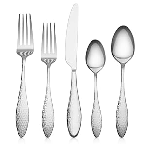 Alata Emma 60-Piece 18/10 Silverware Set, Hammered Flatware Set, Heavy Duty Stainless Steel Cutlery Set, Modern Kitchen Utensils, Dinnerware Sets Service for 12, Mirror Polished & Dishwasher Safe