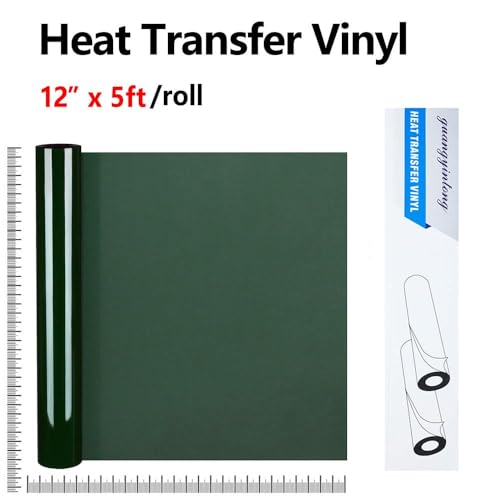 Image of guangyintong Dark Green Heat Transfer Vinyl HTV Rolls, 12 inch x 5ft Dark Green Iron on Vinyl for T Shirts, Glossy Surface HTV Vinyl for All Cutter Machine Easy to Cut & Weed for Heat Vinyl Design