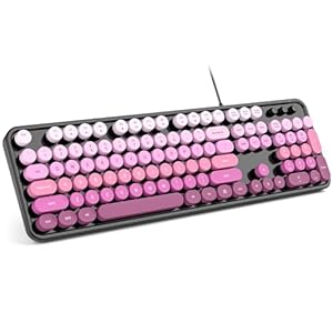 Teclado de computadora con cable, teclado USB redondo retro Plug and Play, teclado con cable de tamaño completo con soportes plegables para computadora portátil y computadora de oficina, color