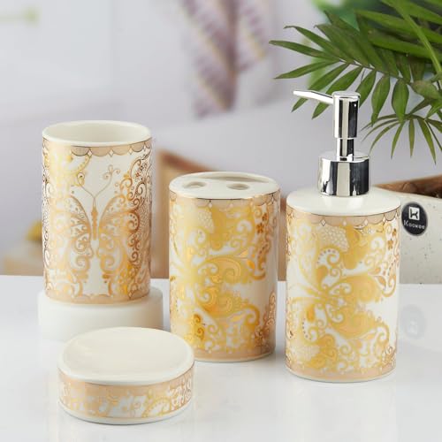 Image of SaSaSa Ceramic Bathroom Accessories Set of 4 Modern Bath Set with Soap Dispenser & Toothbrush Holder, Luxury Home & Gift Idea, Gold (10378)