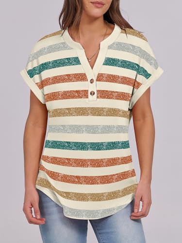 Image of ANRABESS Womens Short Sleeve Henley Tops V Neck Dressy Casual Blouses Summer Trendy Tee Shirts 2026 Vacation Fashion Clothes