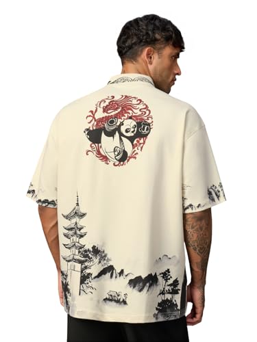 Image of The Souled Store Kung Fu Panda: Peace Men and Boys Short Sleeve Spread Collar Cream Graphic Printed Cotton Oversized Heavy Gauge Breathable Everyday Lightweight All-Season Polos
