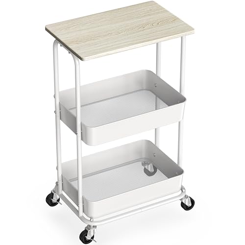 Image of Simple Houseware 2-Tier Rolling Utility Cart with Lockable Wheels and Wood Top, Metal Storage Organizer Trolley for Kitchen, Bathroom, Office, Craft Room, Maple