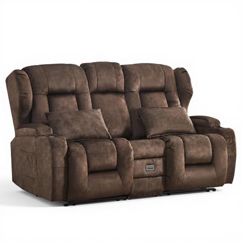 Image of Loveseat Recliner Sofa with Flip-up Console,RV Wall Hugger Recliners for Small Spaces,Reclining Loveseat Sofa Recliner with Cup Holders /Lumbar Pillows,RV Furniture (Brown, 68 inch 2-Seater)