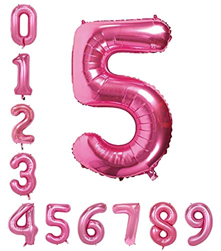 Image of AMFIN 15 Inch 5 Number Foil Balloons for 5th Birthday Baby Girl Party Decorations, Wedding Anniversary Decoration Items - Pink
