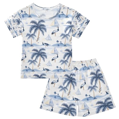 senya Blue Palm Tree Sailboat Crane Summer Pajamas Set Short Cotton Sleepwear 2 Piece
