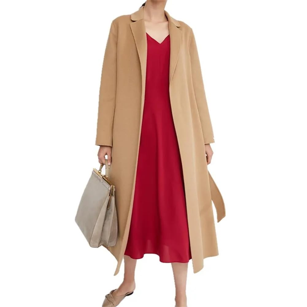 Vsadsau Abrigo de mezcla de lana de invierno para mujer, abrigo de lana extra largo, con cinturón suelto, chaqueta de cárdigan de color sólido