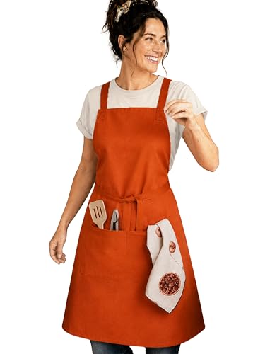 Image of Kitchen Apron - 100% Cotton, Adjustable Neck strap, Large Pocket - Unisex Apron for Men & Women - Cooking, Baking, BBQ, Gardening - Solid Colours, Striped and Checkered Patterns