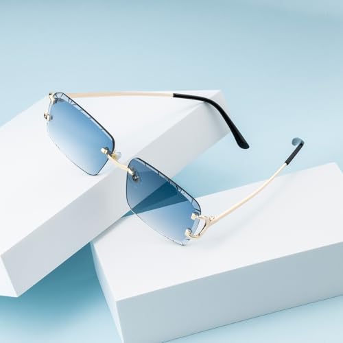Image of Retro Rimless Rectangle Sunglasses for Men Women Luxury Frameless Square Trendy Shade Diamond Cutting Eyewear