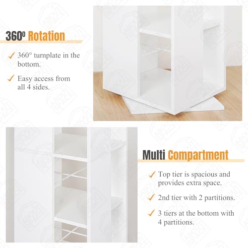 Image of ABOUT SPACE Rotating Book Shelf for Home Library - 5 Tier 360 Book Rack | DIY Wooden Book Stand with Partition & Bottom Turnplate for Office, Livingroom, Bedroom (White - L 38 x B 38 x H 150 cm)