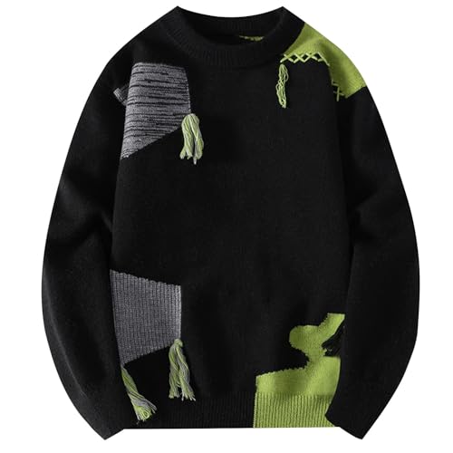 Mens Color Block Patchwork Sweaters Long Sleeve Knit Patchwork Knitted Pullover Fall Winter Warm Trendy Knit Sweater