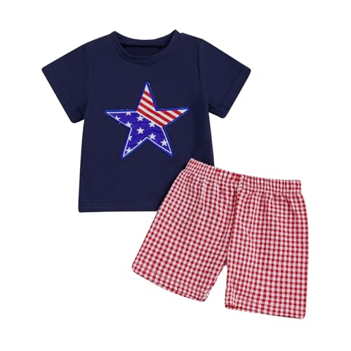 Image of Kayotuas Fourth Of July Toddler Boy Outfit Baby American Flag Clothes Patriotic Shirt Striped Gingham Shorts 2Pcs Summer Sets