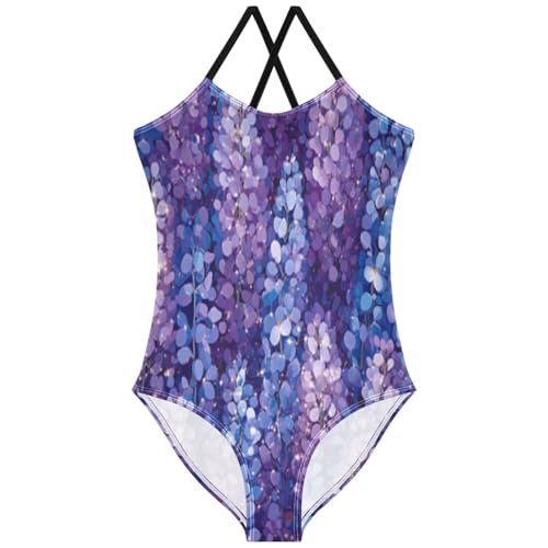 Pigsaly Girls One Piece Swimsuits Glitter Blue Wisteria Purple Lavender Flower Kids Cross Back Swimwear Bathing Suit 3T