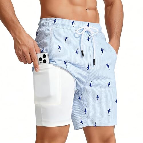 Sovneazy Mens Swim Trunks with Compression Liner Seersucker Quick-Dry Bathing Suit with Zipper Pockets Blue Stripes Shark M