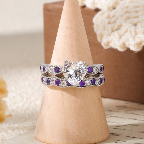 Image of Jeulia 3 Carat CZ Solitaire Engagement Rings Halo Milgrain Heart Cut Sterling Silver Ring Set Promise Engagement Wedding Anniversary Rings Bridal Sets for Women