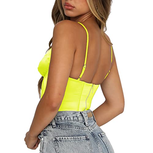 Women’s Corset Tops Bustiers Sleeveless Cami Fishbone Spaghetti Adjustable Straps V Neck Zip Back Slim Tanks Sexy Clubwear Party Crop Top (Small, Yellow) #TOP3