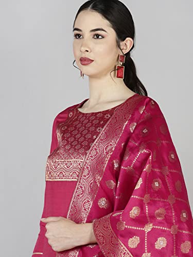 Image of Vaamsi Women's Poly Silk Solid Yoke Design Straight Kurta Set With Dupatta