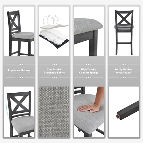 Image of COLAMY Upholstered Counter Height Bar Stools Set of 6, Modern Kitchen Island Barstools Chairs with Cross Back and Wood Legs for Dining Room Bar, Dark Grey