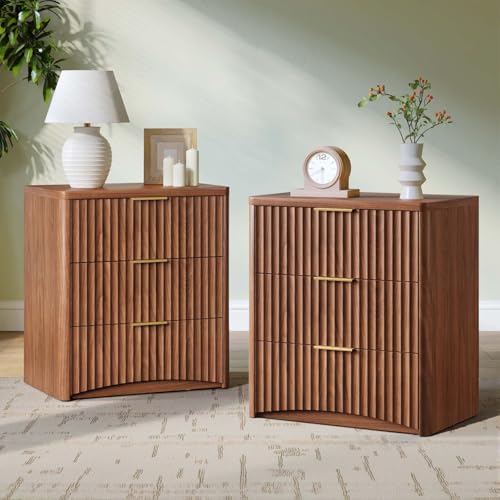 Image of Evermagin Fluted Nightstand Set of 2, Walnut Bedside Table with 3 Drawers, Wood End Table with Storage Mid Century Modern, Large Night Stand for Bedroom