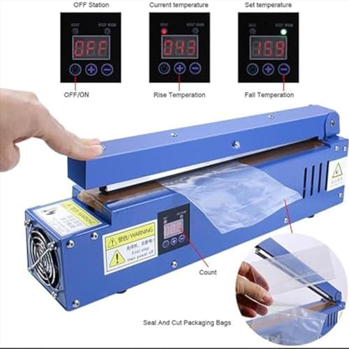 Sellador térmico manual para bolsas de alimentos, control de temperatura de 70-300 °C, potencia de 352 W, 300 mm de ancho, con sellado, corte, conteo, fecha de impresión para bolsas de polipropileno y
