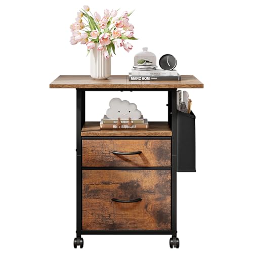 Huaniun サイドテーブル キャスター付き キャスター付き デスクサイドワゴン 引き出し付き サイドワゴン ミニテーブル ベッドテーブル ナイトテーブル コーヒーテーブル 木目調 棚付き おしゃれ 収納棚 幅60×奥行38×高さ70cm ブラウン