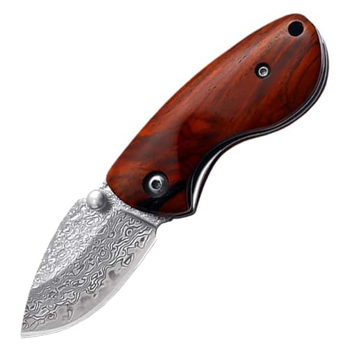 Joa Couteau de Poche Pliant en Acier Damassé - Qualité Supérieure Pour Survie et Chasse - Mini EDC Avec Manche en Bois