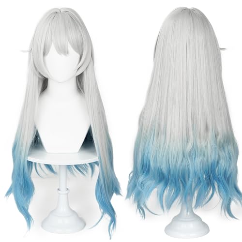 Image of Anime Gray Blue Wigs Women Long Wave Wig with Bangs Heat-Resistant Fiber Wig COS Game Wigs Halloween,Christmas,Comic con,Game Show,Party