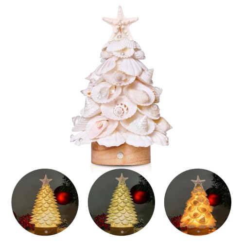 OOOFAYE Sea Shells Christmas Tree Handmade Crafts Tabletop Shells Christmas Tree with LED Light, for Christmas & Beach Decoration, Party Birthday Gift, Home Decor, Figurines